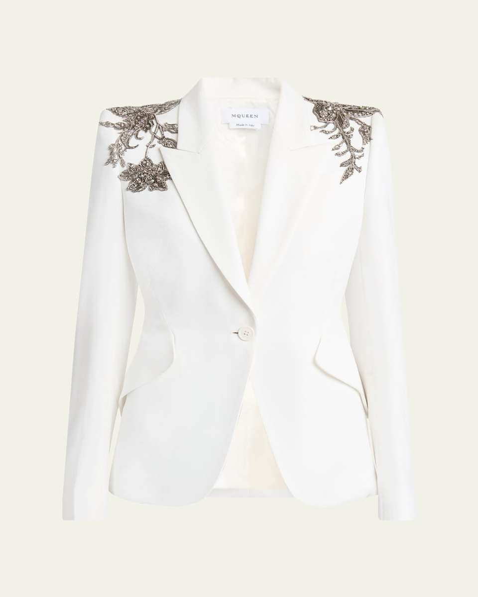Crystal Embellished Shoulder Single-Breasted Blazer